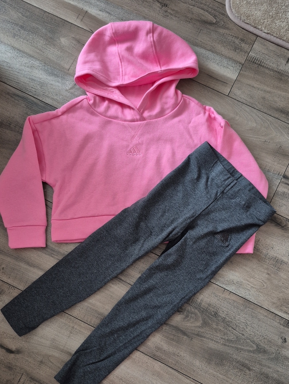 adidas Pink Hoodie with Gray Leggings - Kids Two-Piece Set